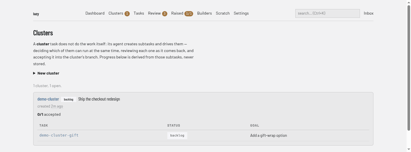 The clusters page with one cluster and its subtask