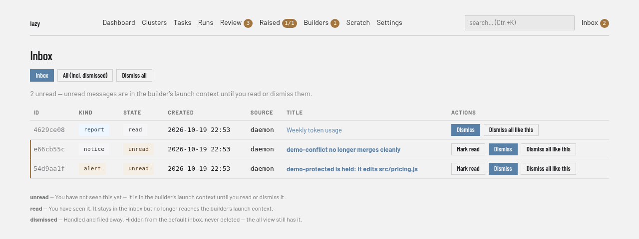 The Inbox page listing three messages (a report that has been read, a notice and an alert that are unread) with Mark read, Dismiss and Dismiss all like this buttons, and the legend of message states underneath