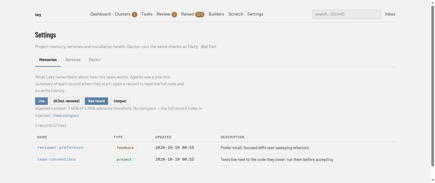 Settings on the Memories tab, listing two records