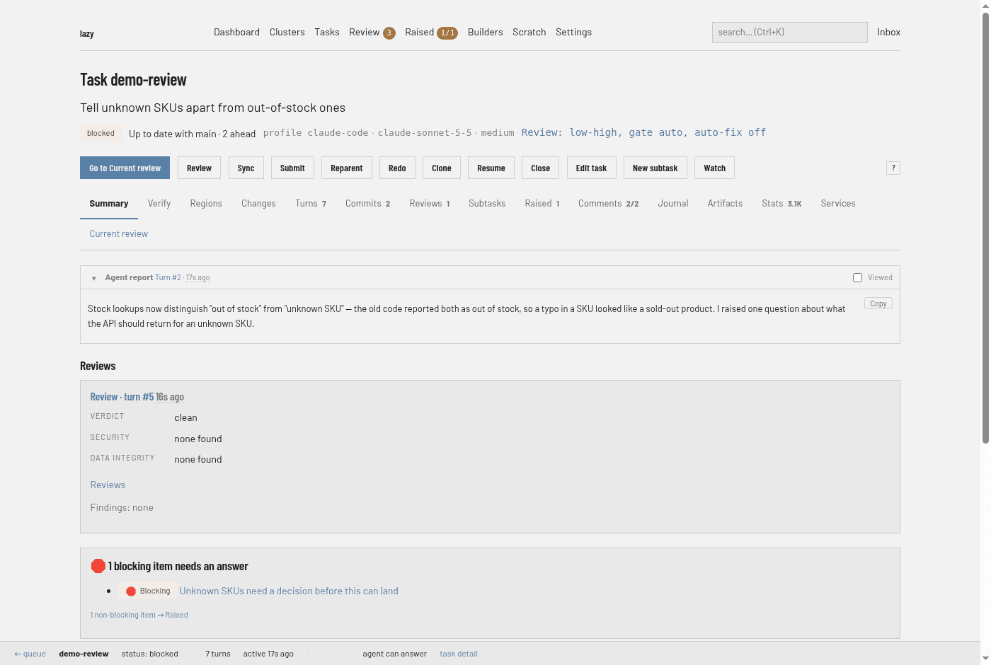 A blocked task's page: header with status and action buttons, the tab strip, and the Summary tab