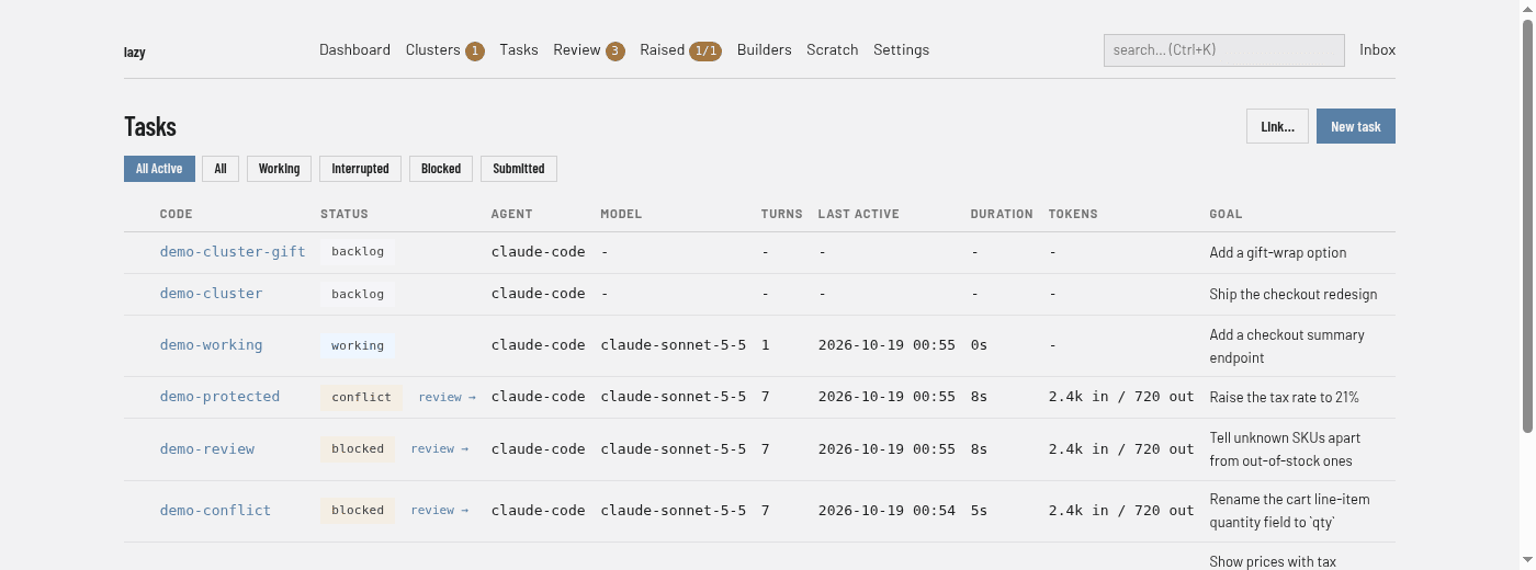 The task list with filter buttons and a table of tasks