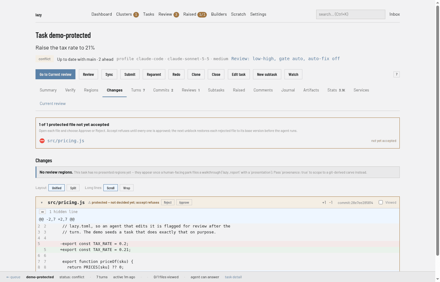The Changes tab of a task in the dashboard. A banner reads "1 of 1 protected file not yet accepted". The file src/pricing.js is marked "protected — not yet decided; accept refuses" with Reject and Approve buttons beside its diff.