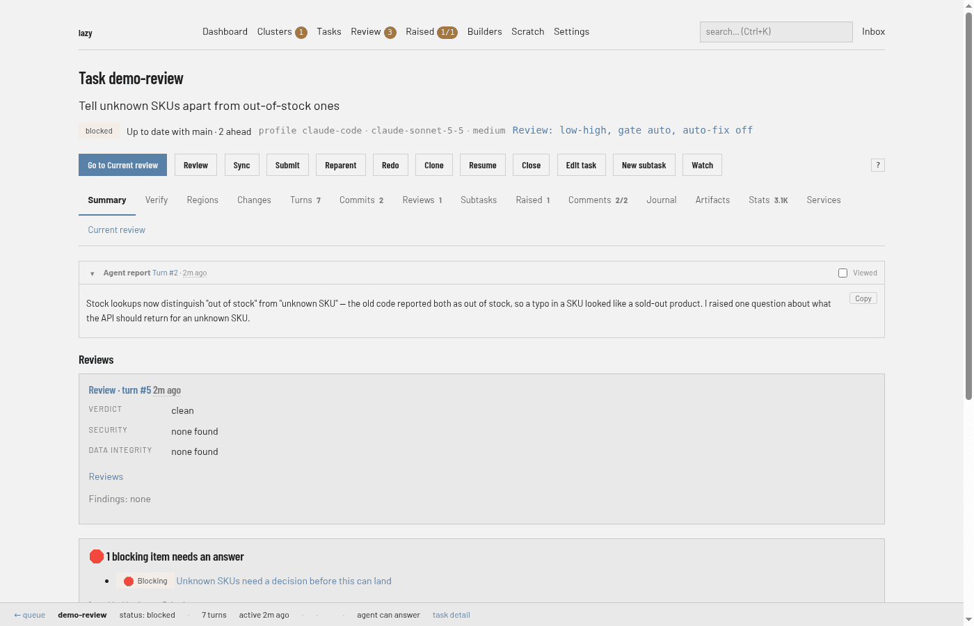 A task page in the dashboard. Under the task's title and status are the action buttons Go to Current review, Review, Sync, Submit, Reparent, Redo, Clone, Resume, Close, Edit task, New subtask and Watch, then tabs including Turns, Commits, Raised and Comments, and below them the agent's report.