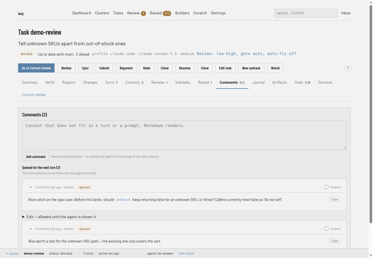The Comments tab: the Add comment form, then two comments marked queued for the next turn