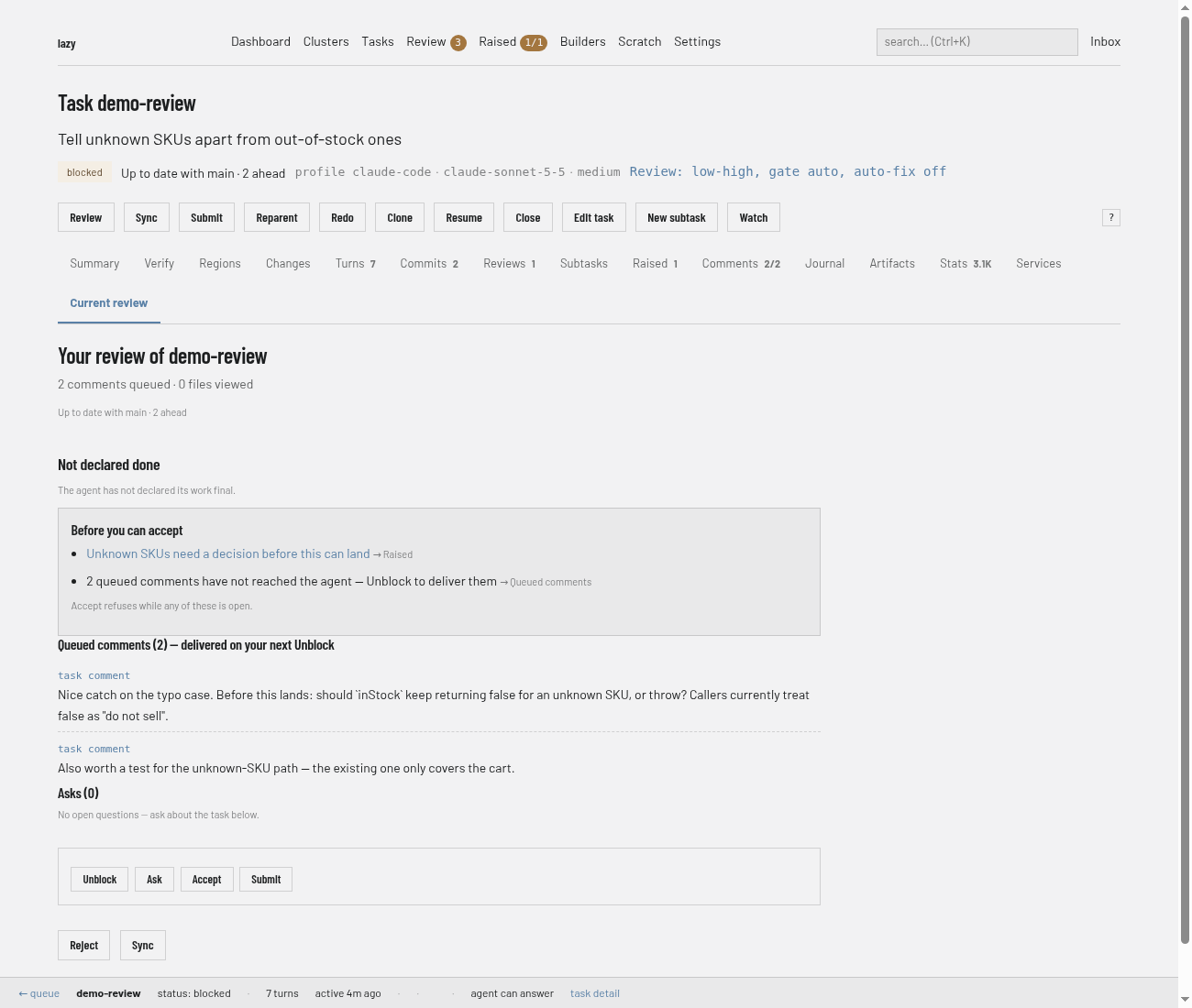 The Current review tab of a blocked task: two queued comments, a "Before you can accept" box, and the Unblock, Ask, Accept and Submit buttons