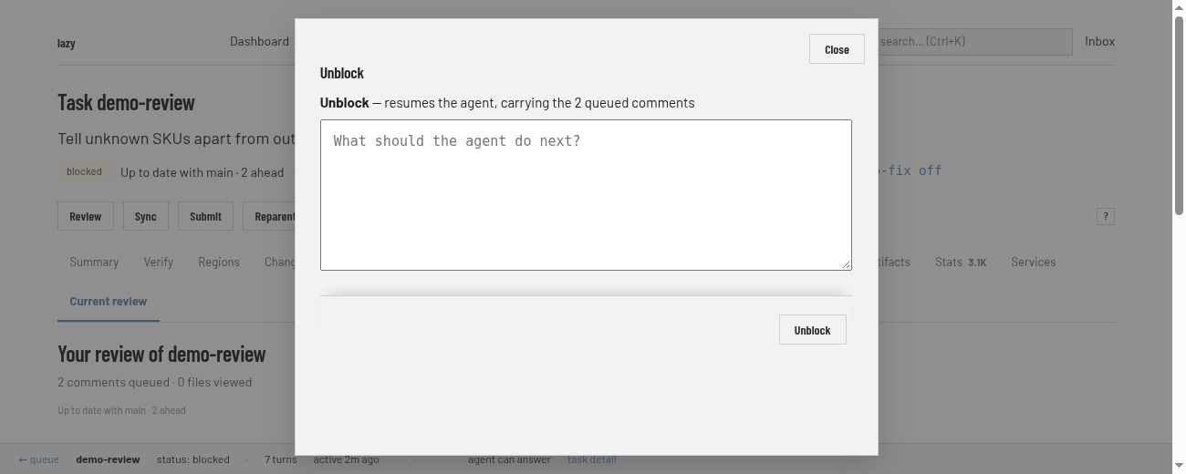 The Unblock box over the Current review tab: a message field and an Unblock button