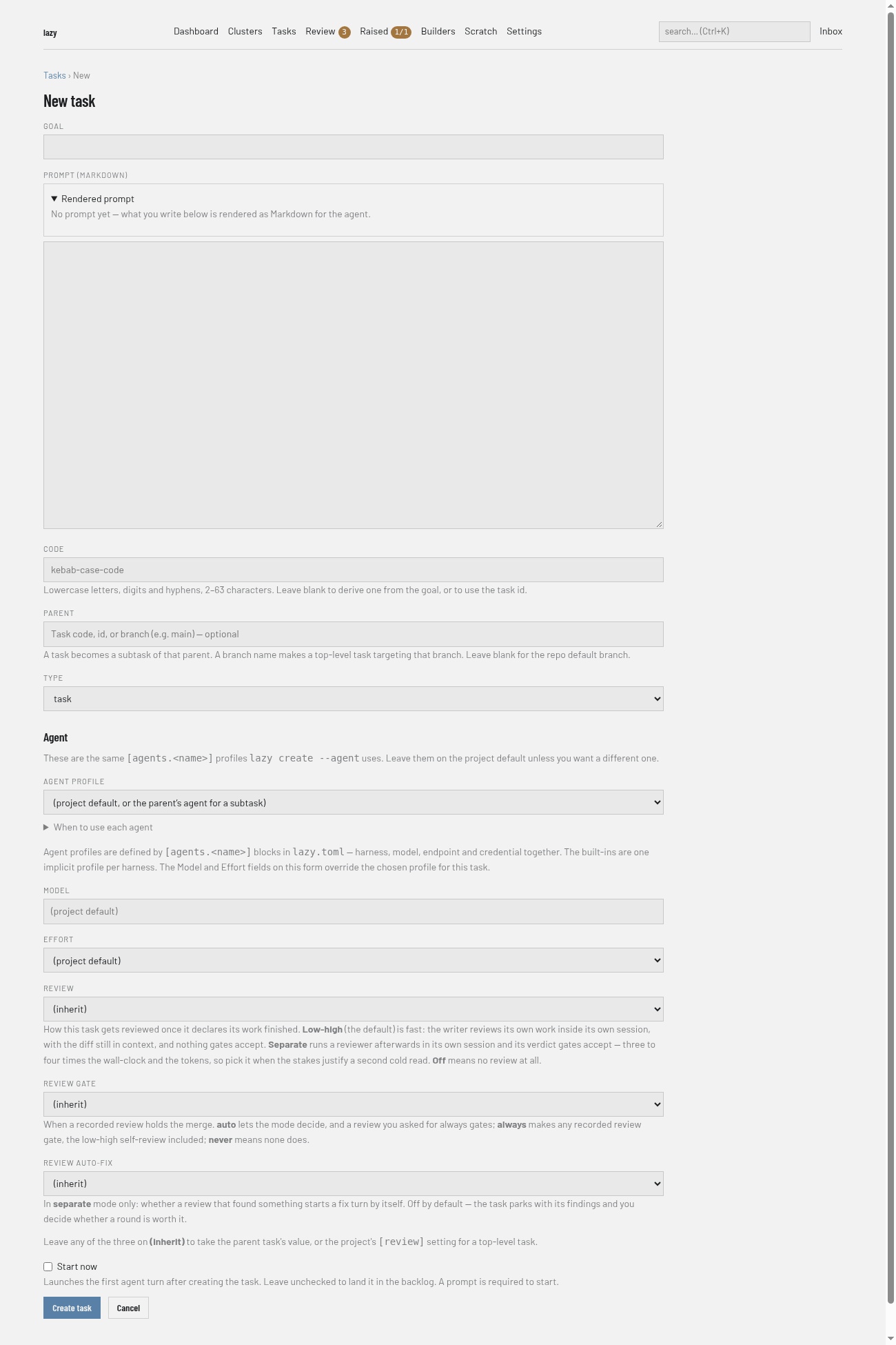 The New task form: Goal, Prompt, Code, Parent, Type, then the agent, model, effort and review settings