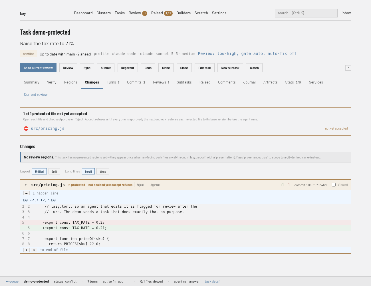 The Changes tab with a banner "1 of 1 protected file not yet accepted" and Reject and Approve buttons on the file's diff