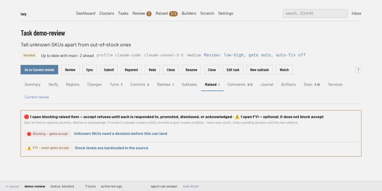 The Raised tab of a task, listing a blocking item that needs an answer