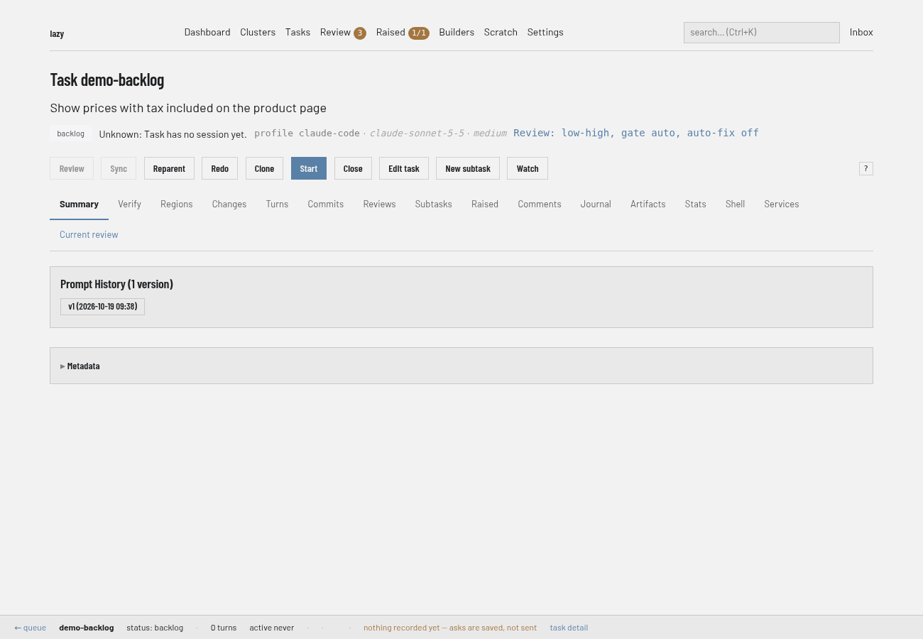 A backlog task's page with the status badge "backlog" and the Start button