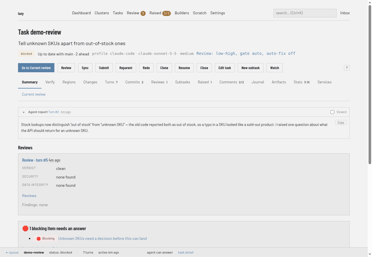 A blocked task's page with the Go to Current review button