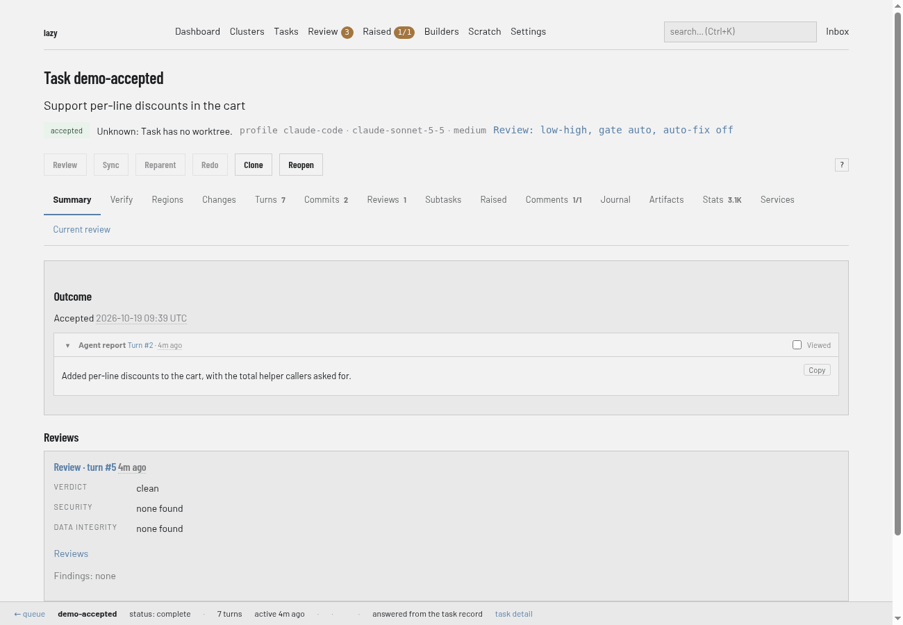 An accepted task's page: the Outcome section with the agent report and a clean review