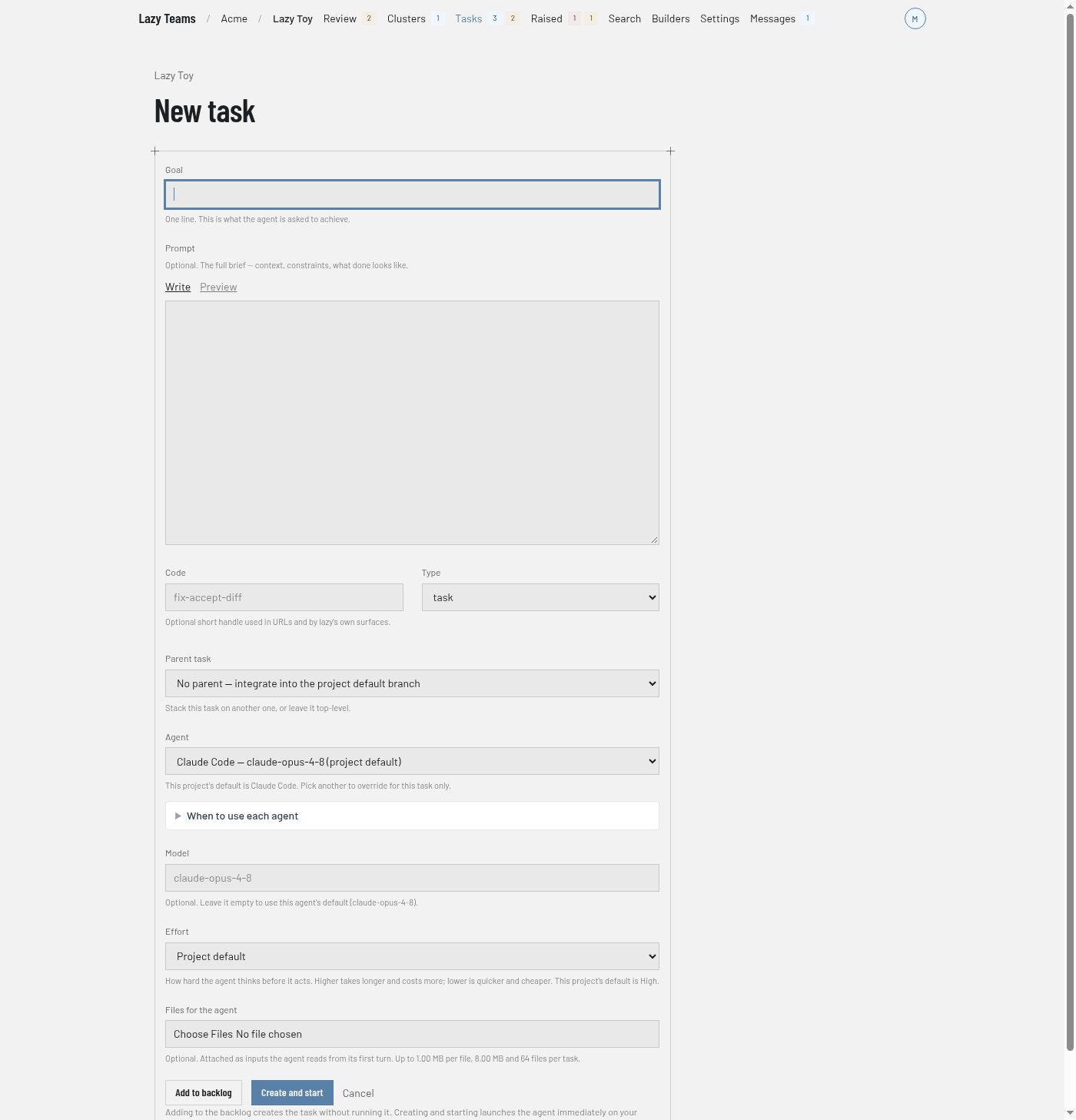 The Lazy Teams New task form: Goal, Prompt with Write and Preview, Code, Type, Parent task, Agent, Model and Effort