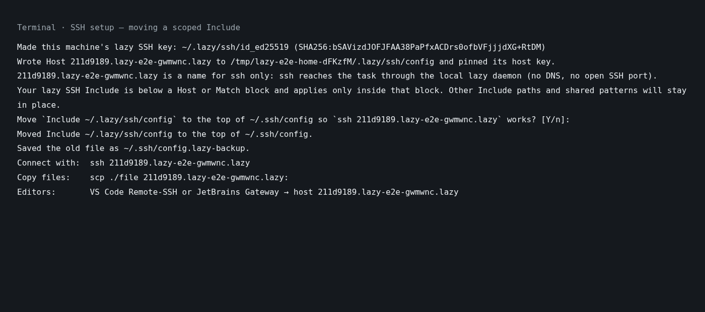 Setup asks before moving an Include out of a Host block, then saves a backup