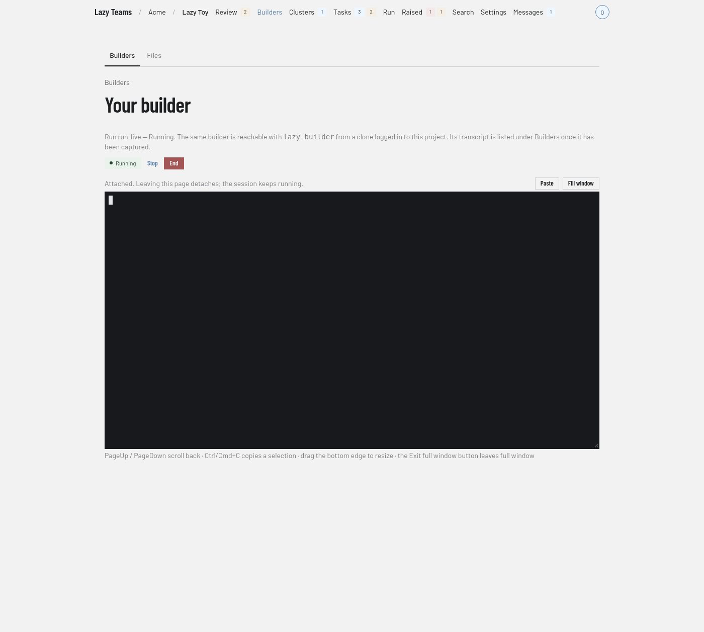 A builder's terminal on its own page, with the Paste and Fill window buttons above it and the keyboard hints below