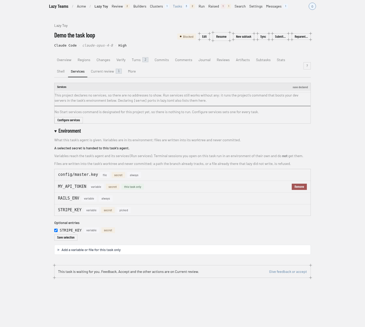 A task's Services tab with its Environment section: always-applied entries, one picked optional secret, one entry for this task only, and the optional entries to tick