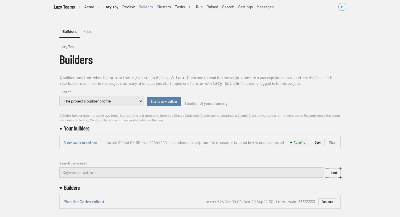 The Runs on picker and a running Codex builder in Teams