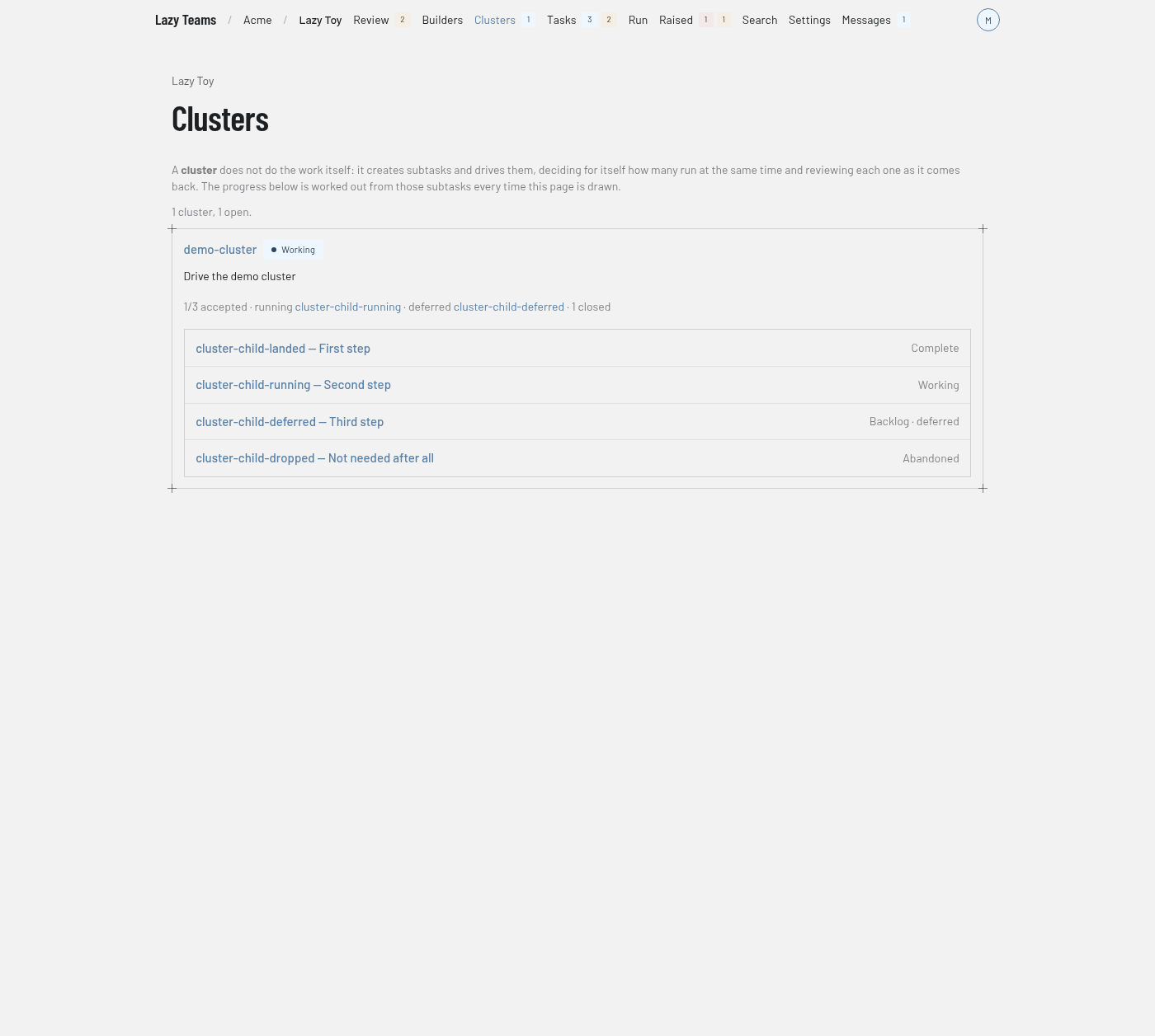The Clusters page showing one cluster and its four subtasks