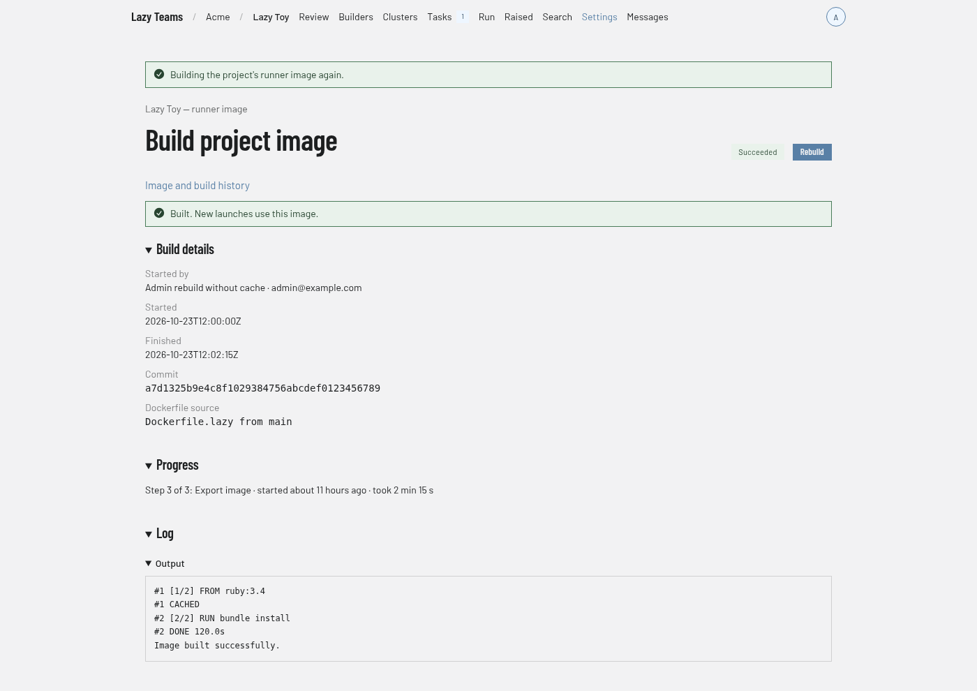 A completed build with its source, timing and full log