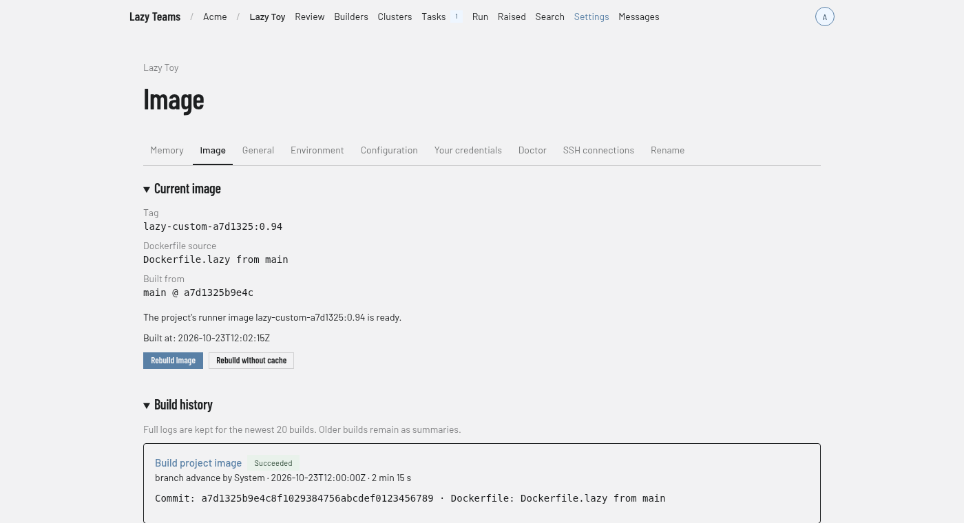 Image settings with rebuild buttons and a saved build