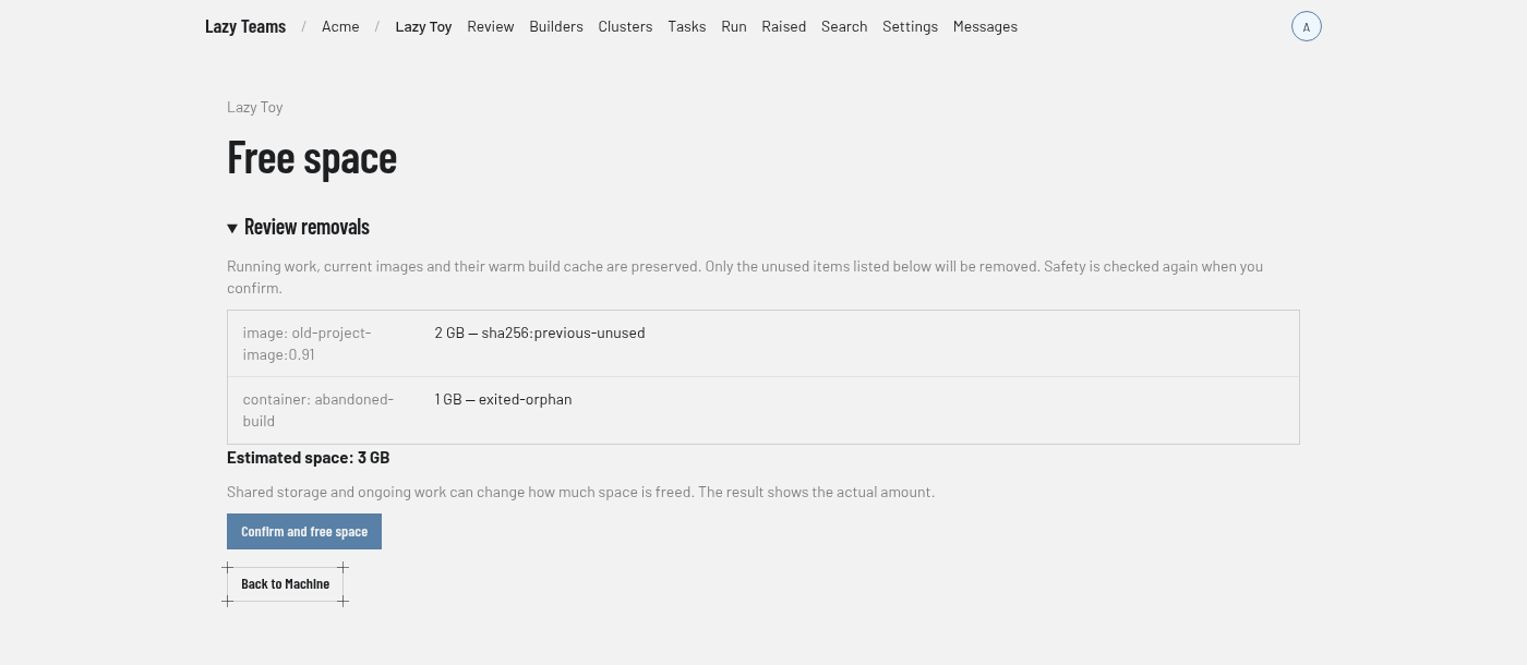 A project admin reviews unused containers and images before freeing space