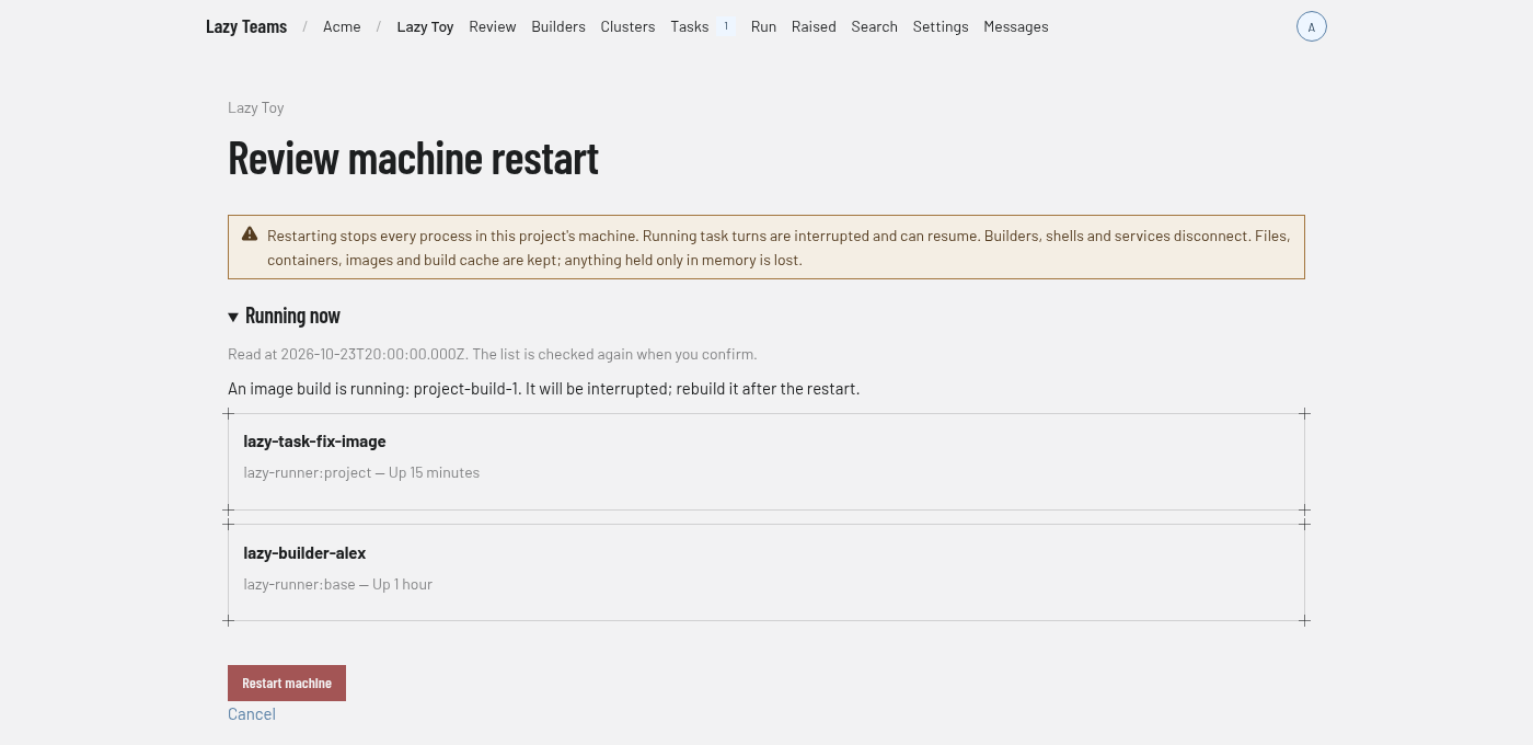 The running containers shown before confirming a machine restart