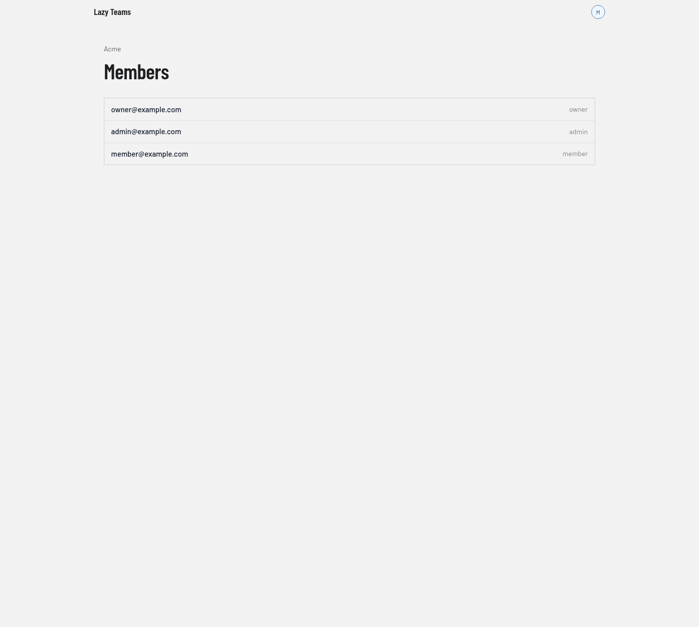 The members page, listing three members with their roles