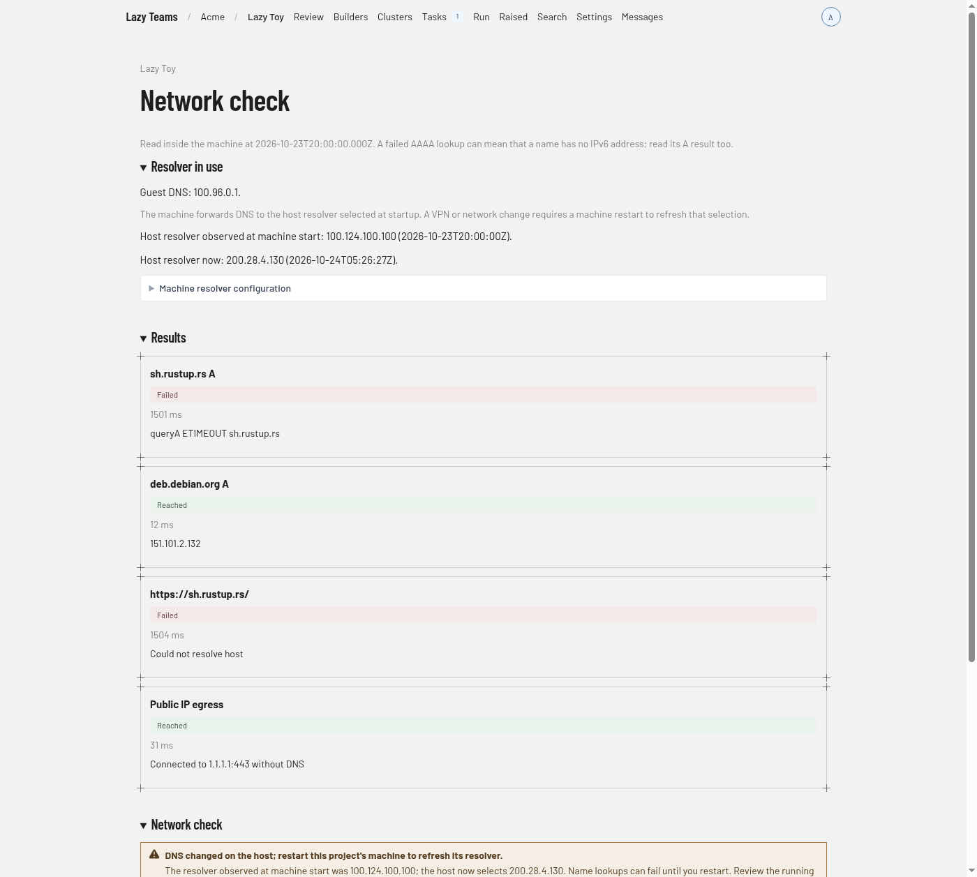Network results showing a failed name lookup alongside working public IP access