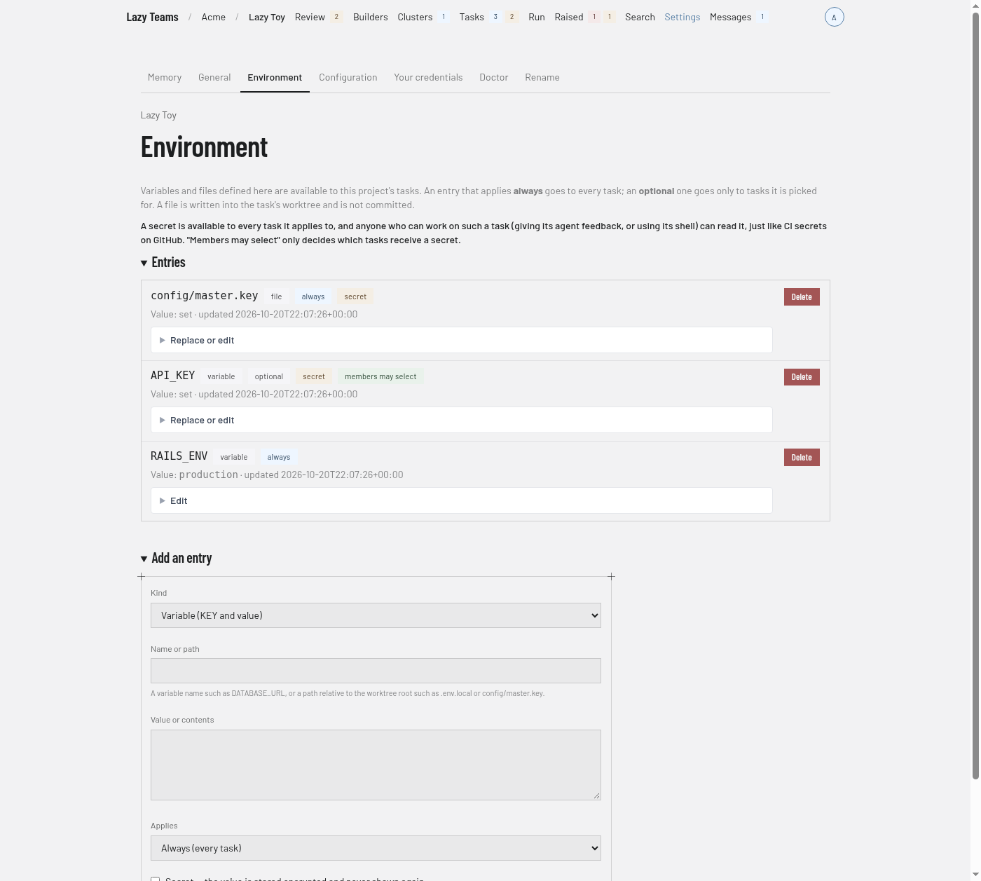 The Environment tab, listing three entries above the Add an entry form