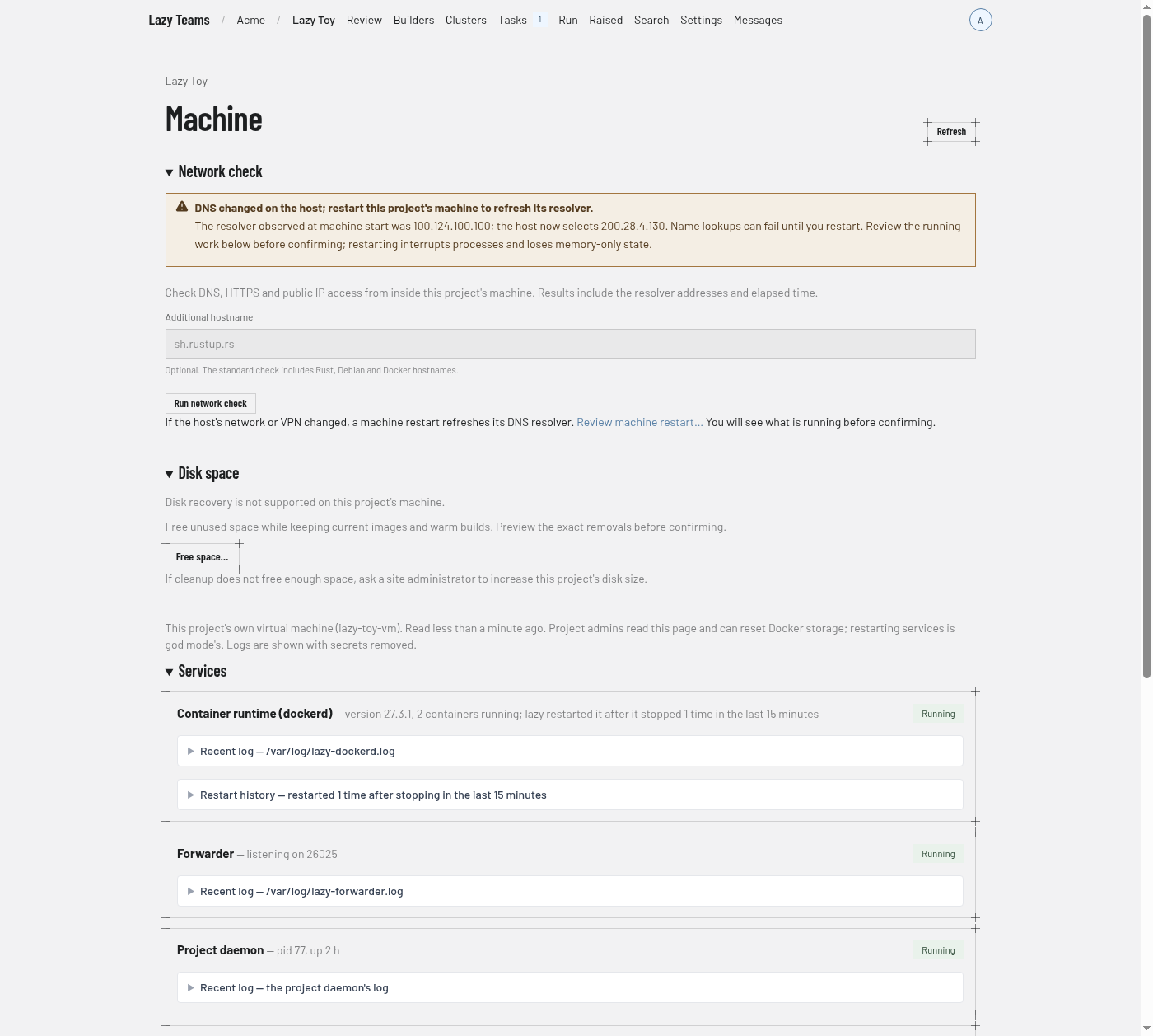 The Machine page, with services, Docker storage and resources