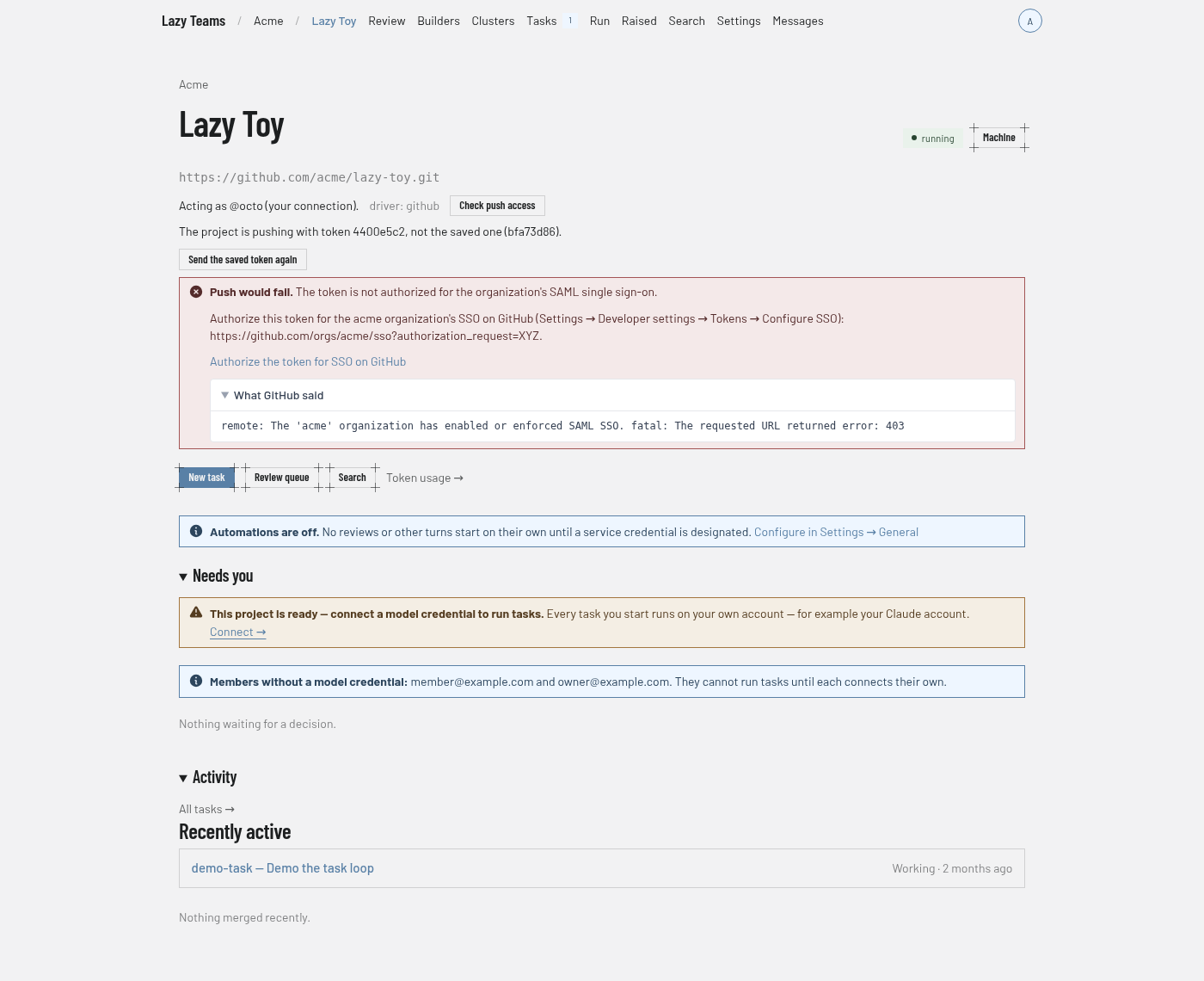 Check push access names a token’s missing organization SSO authorization and links to the fix