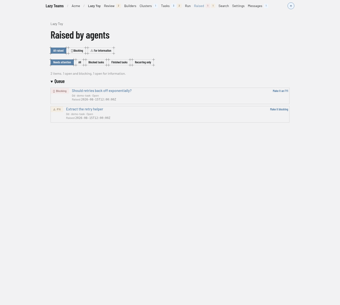 The Raised by agents screen