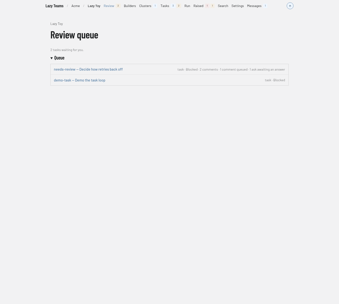 The Review queue page with two tasks waiting