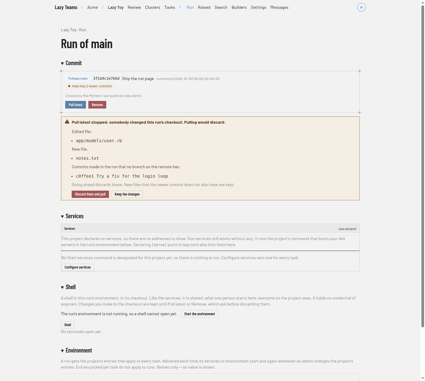 Pull latest stopped, listing an edited file, a new file and an unpushed commit, with Discard them and pull and Keep the changes