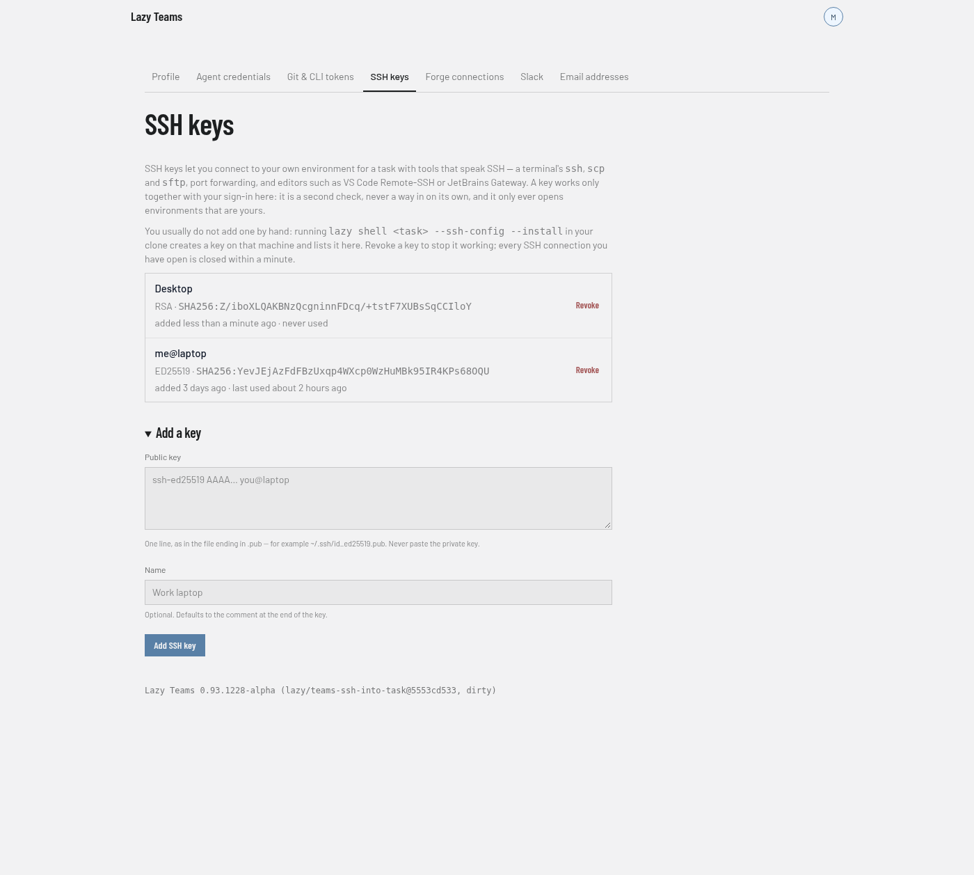 Account settings → SSH keys: each key's name, type, fingerprint, when it was added and last used, with Revoke, and a form to add a key