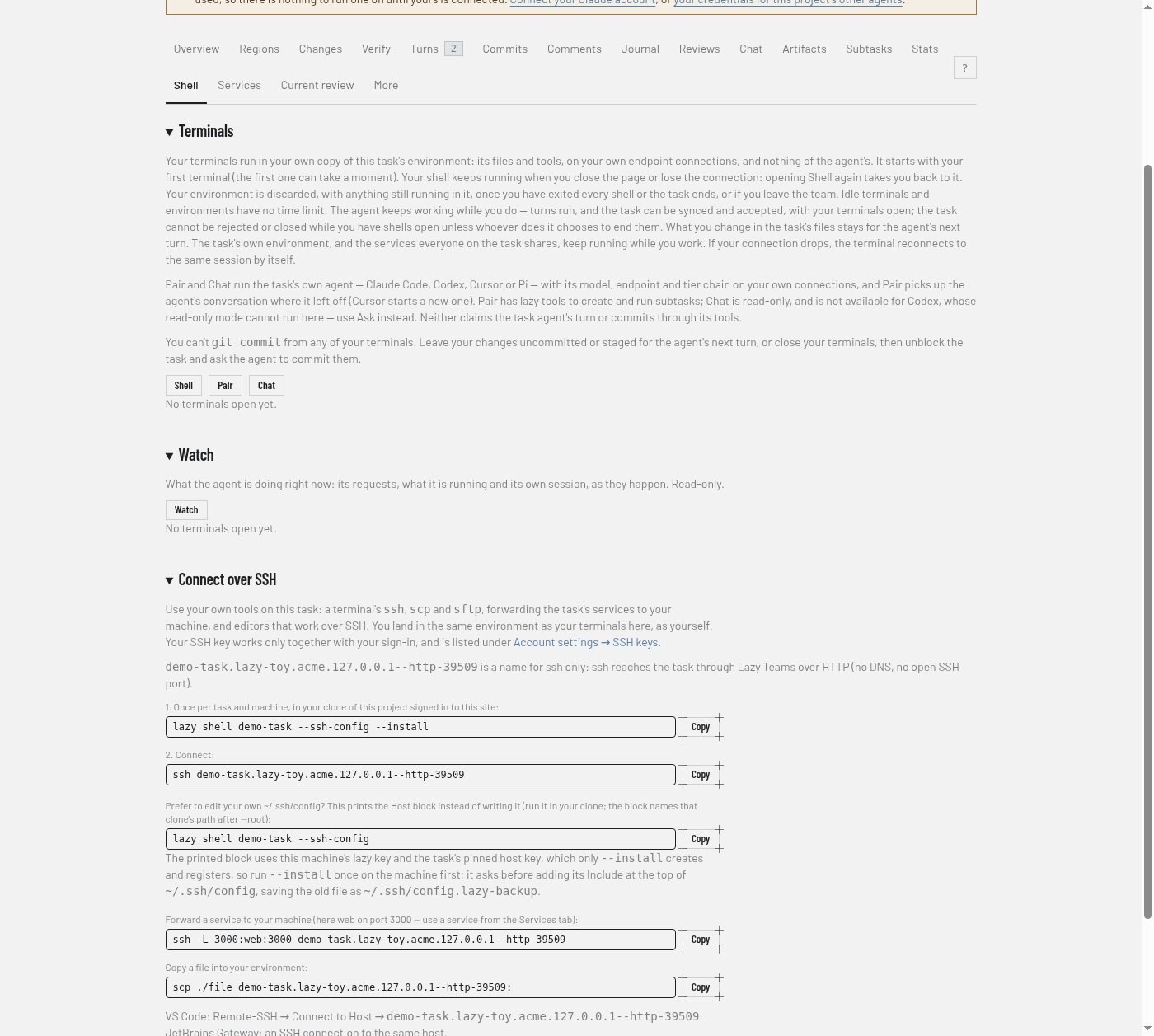 The Connect over SSH panel on a task's Shell tab: the install command, the ssh command, and port-forward and scp examples with Copy buttons