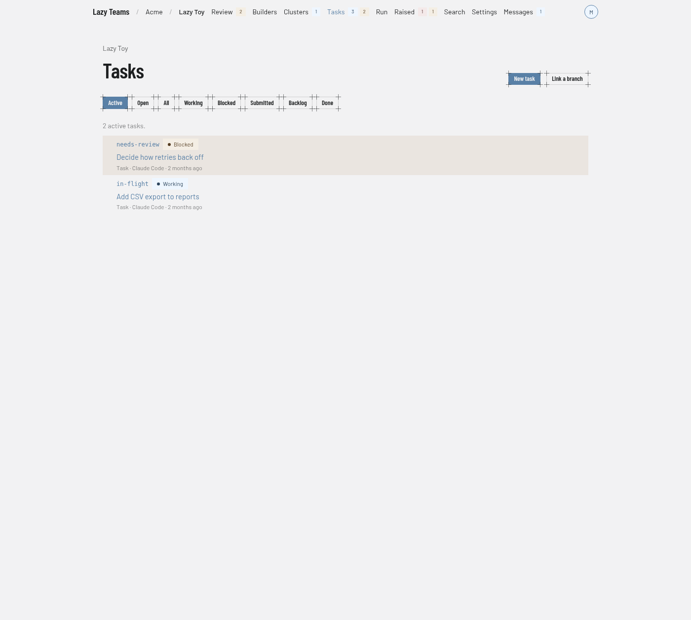 The Tasks page, showing the status filters and two active tasks