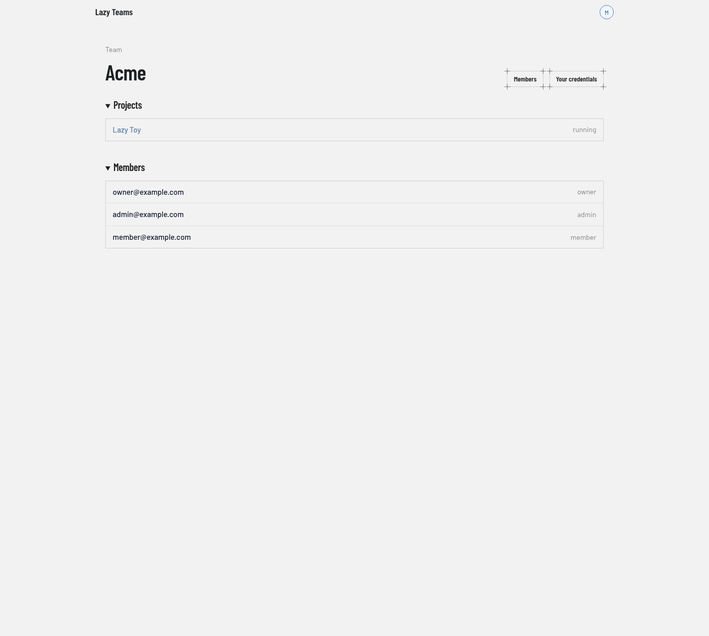 A team page listing its projects and its members