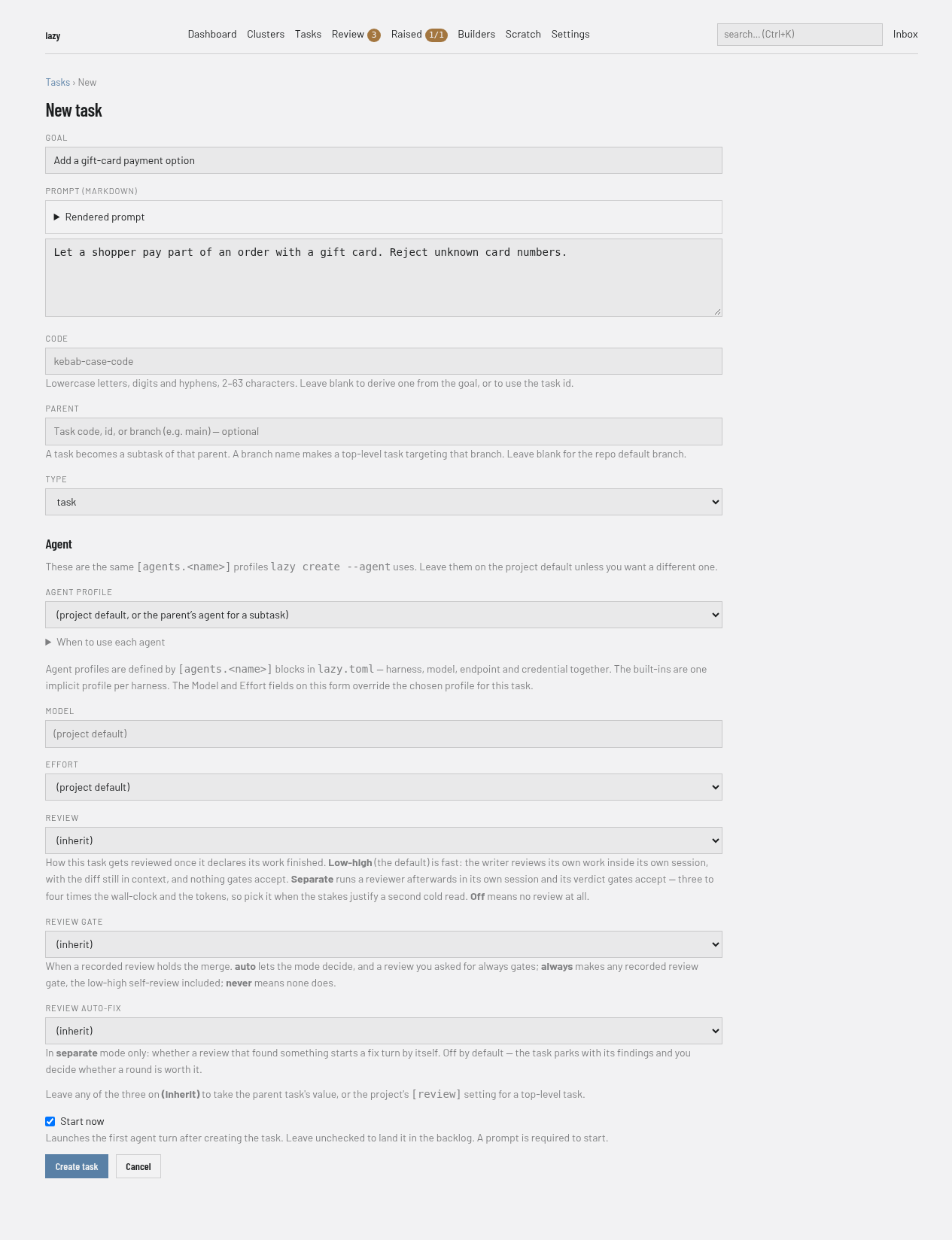 The New task form with Goal and Prompt filled in and the Start now box ticked, above the Create task button.