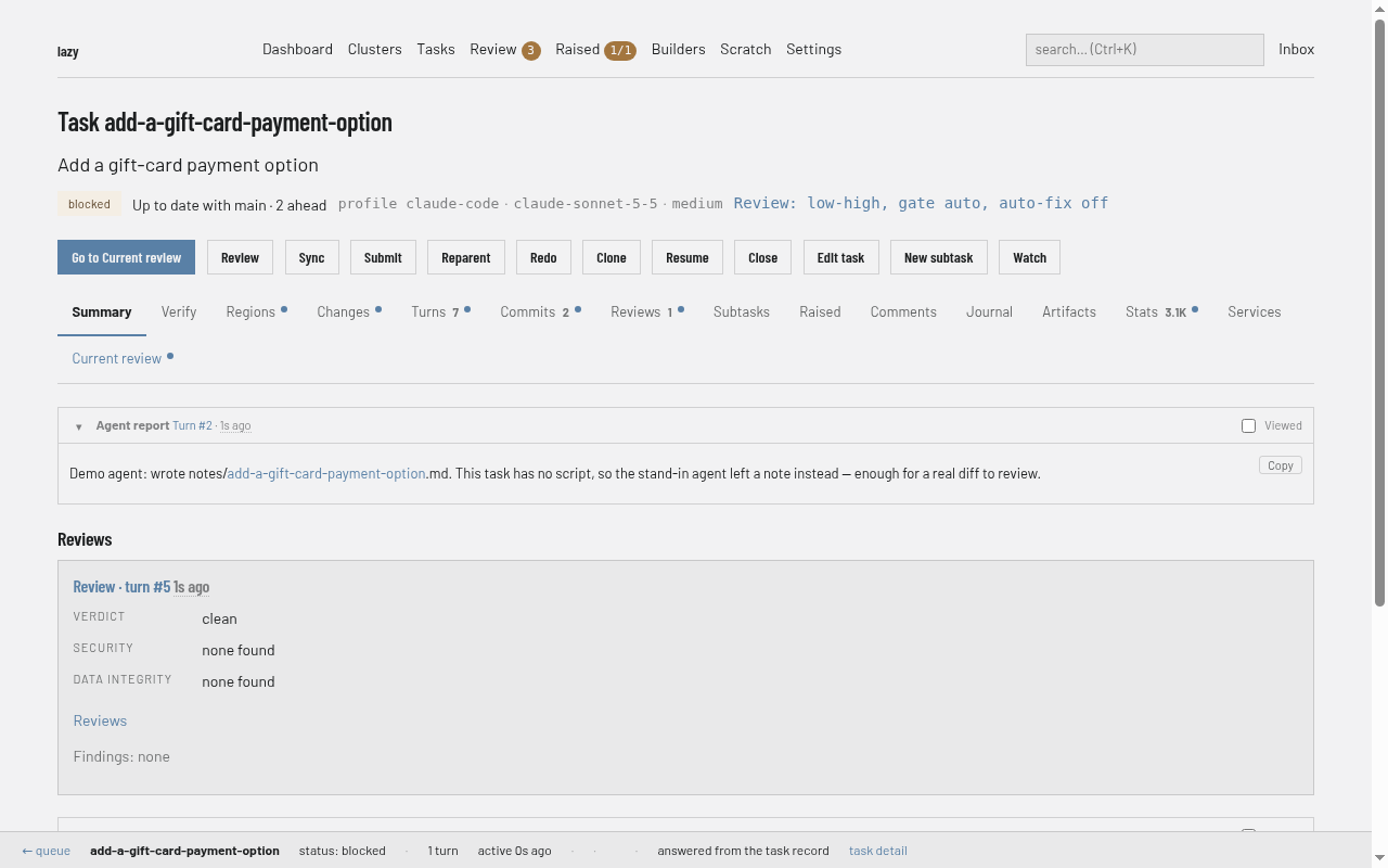 The same task once it has finished: status blocked, a Go to Current review button, and the agent's report on the Summary tab.