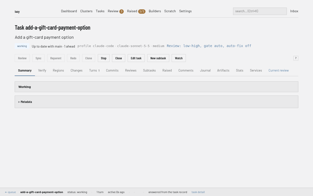The task's page right after starting: status working, with Stop, Close, Edit task, New subtask and Watch available, and the Summary tab showing Working.
