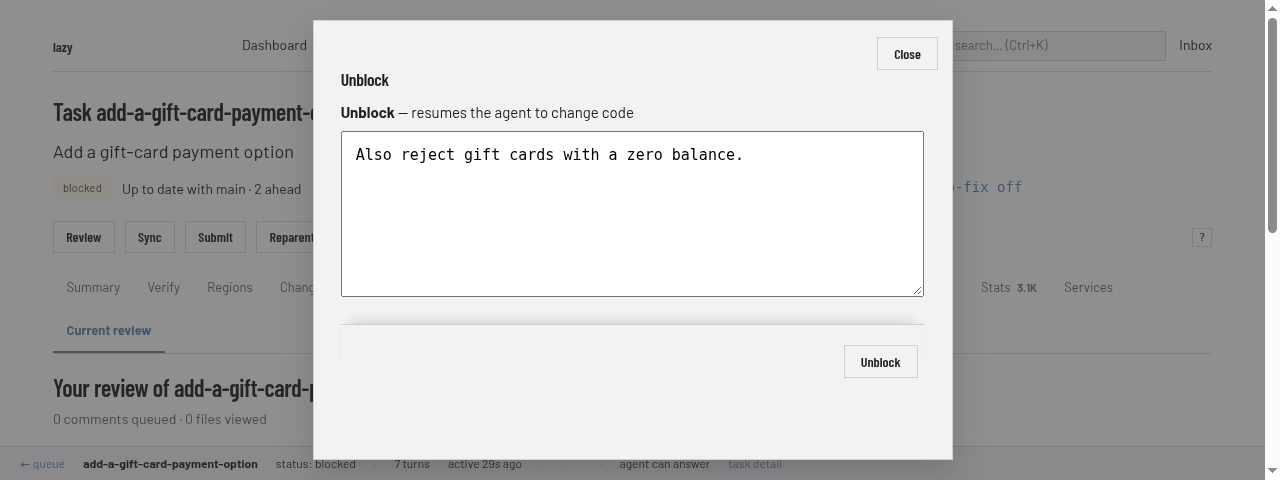 The Unblock dialog with feedback typed into its box and an Unblock button.