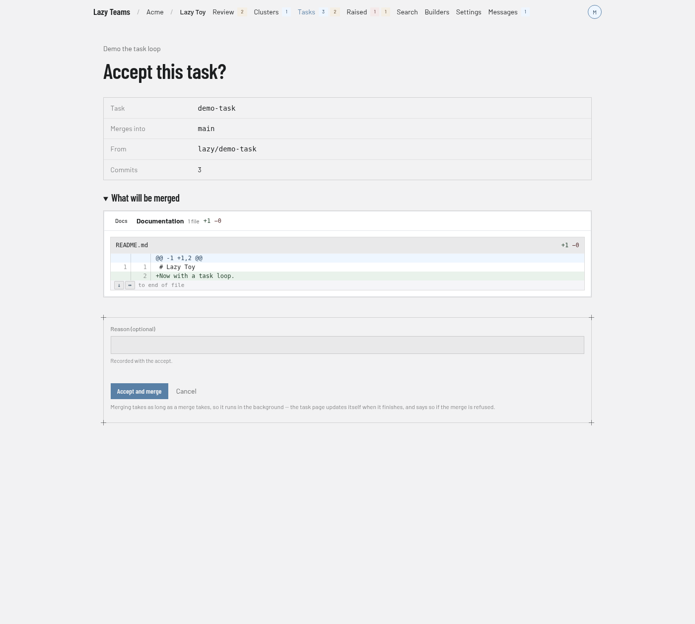The Accept this task? page: the task, the branch it merges into, the branch it comes from, its commit count, a preview of what will be merged, an optional Reason box and the Accept and merge button.