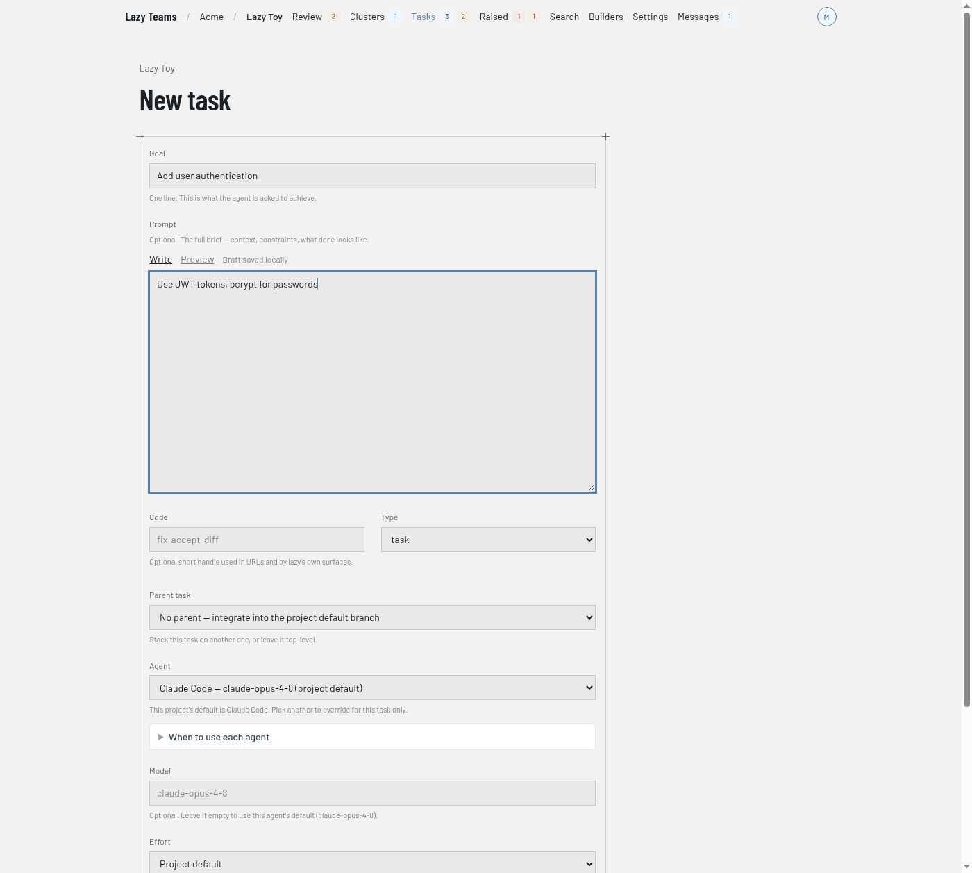 The New task form with Goal and Prompt filled in, above the Agent, Model and Effort choices.
