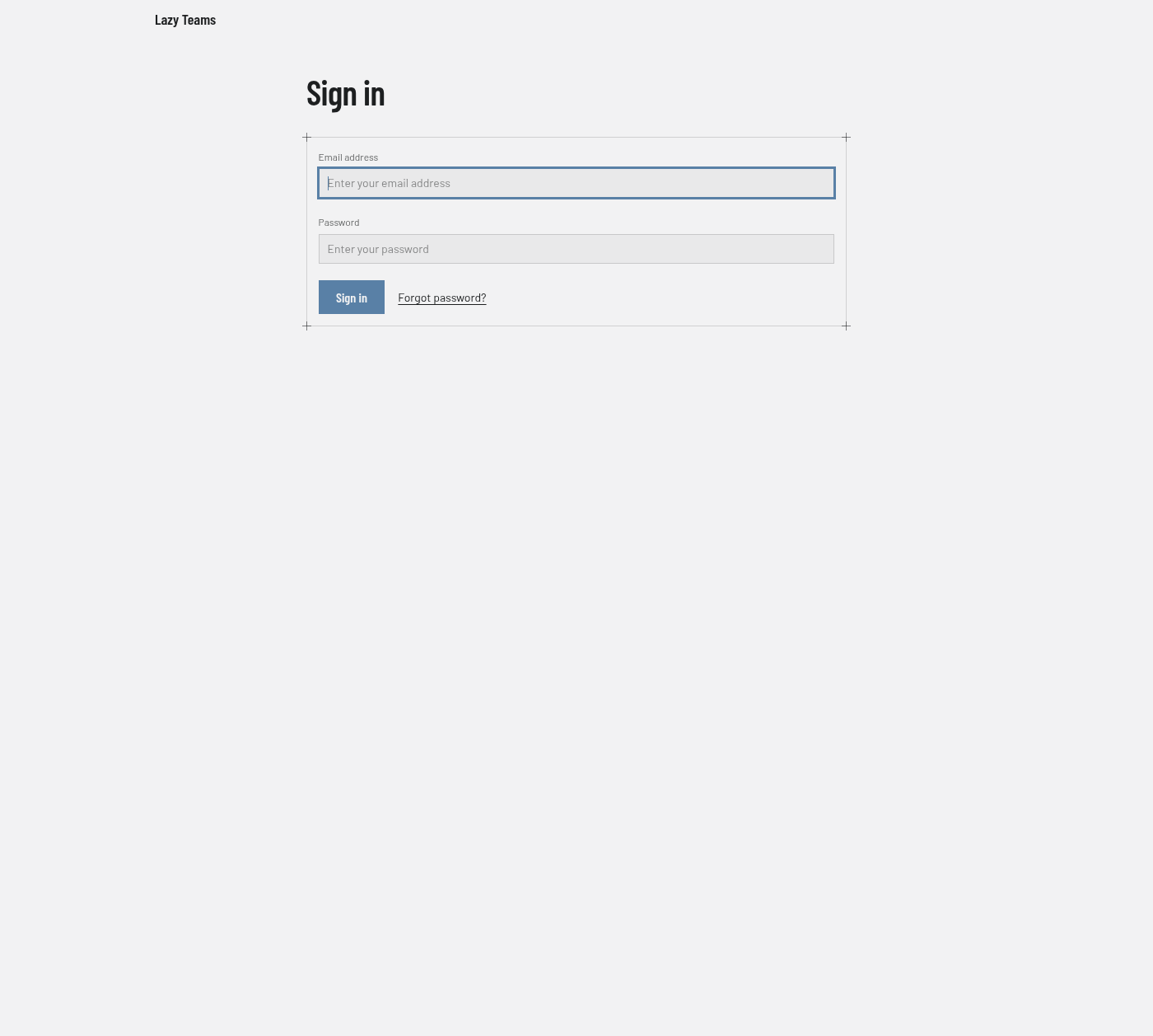 The Lazy Teams Sign in page with Email address and Password fields and a Sign in button.
