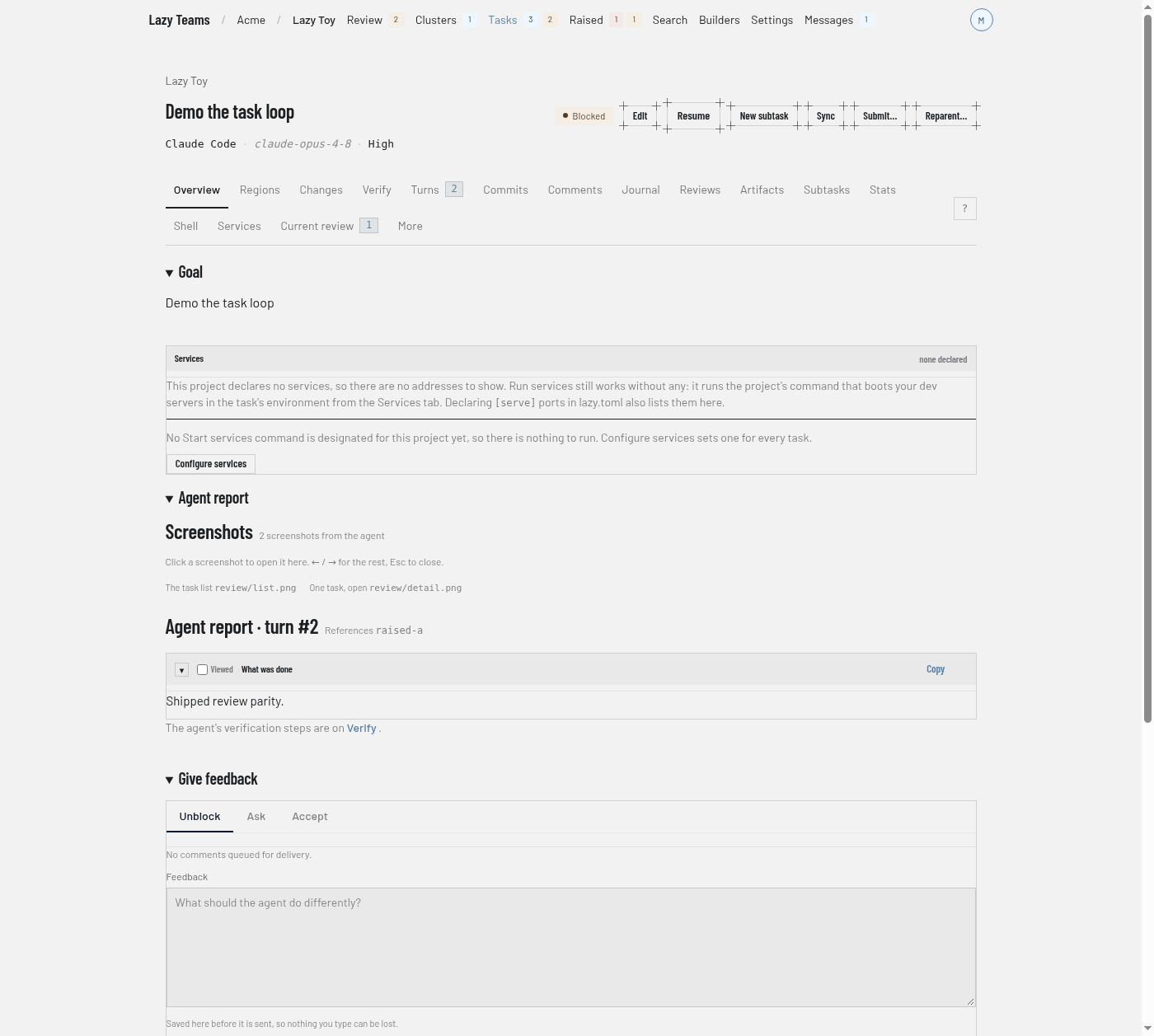 A task waiting for you: status Blocked, the Overview tab with the Agent report, and the Give feedback section with its Unblock, Ask and Accept tabs.