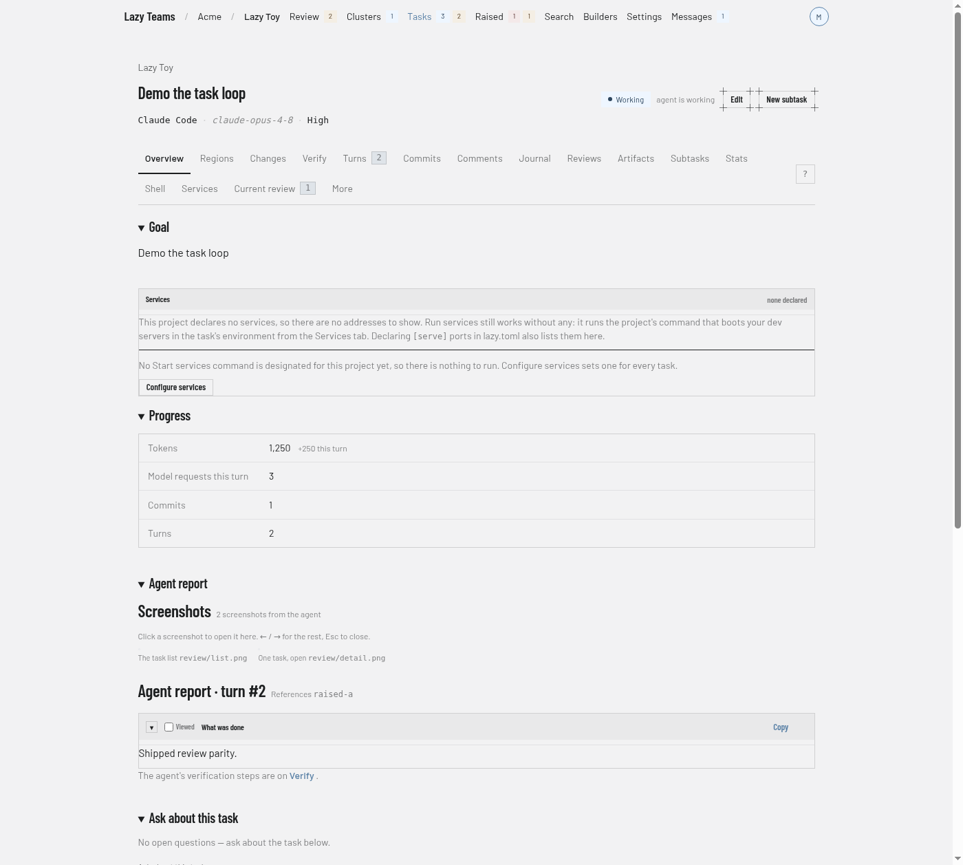 A task's page while its agent works, with the status at the top right and the Overview, Changes and Turns tabs.